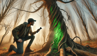 Crouching man with flashlight investigates zombie tree in poor health