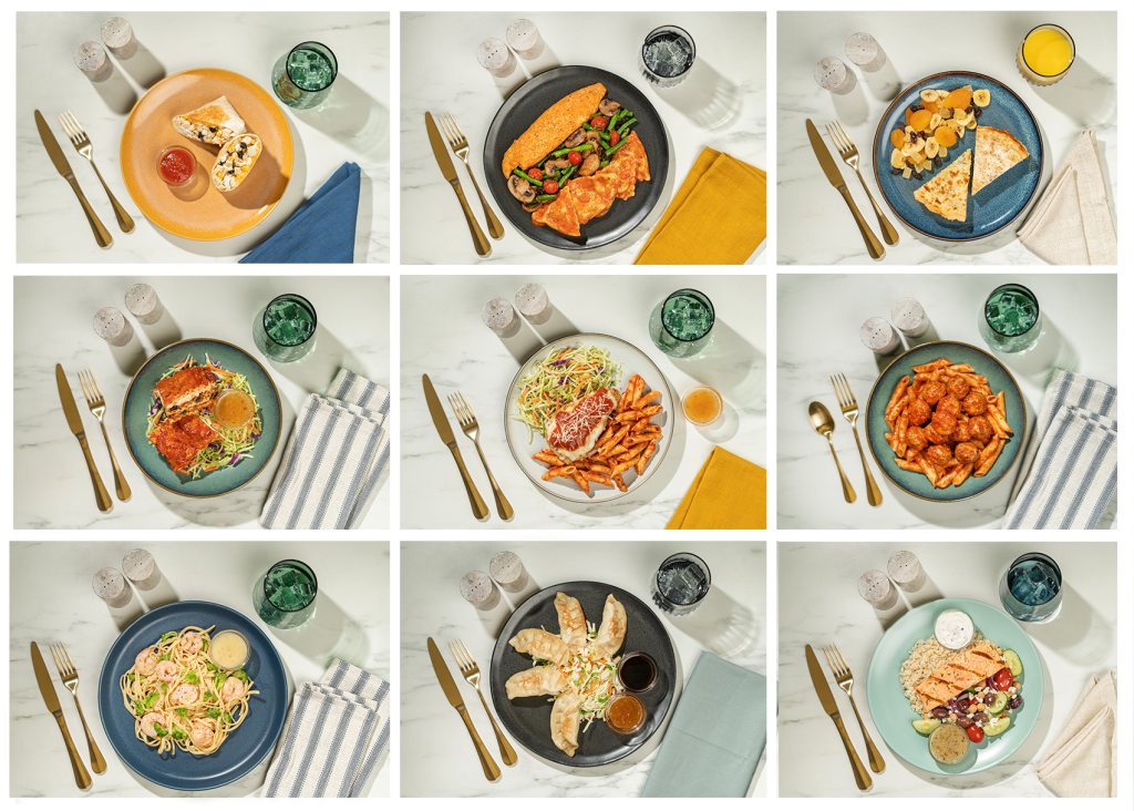 Collage of food photographs by Taylor Mickal showing styled overhead meal photography with coordinated surfaces, plates, and props