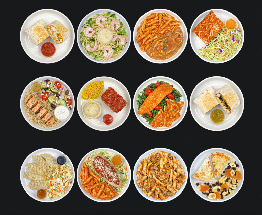 Collage of the client's previous food photography showing meals on plain white plates against a black background