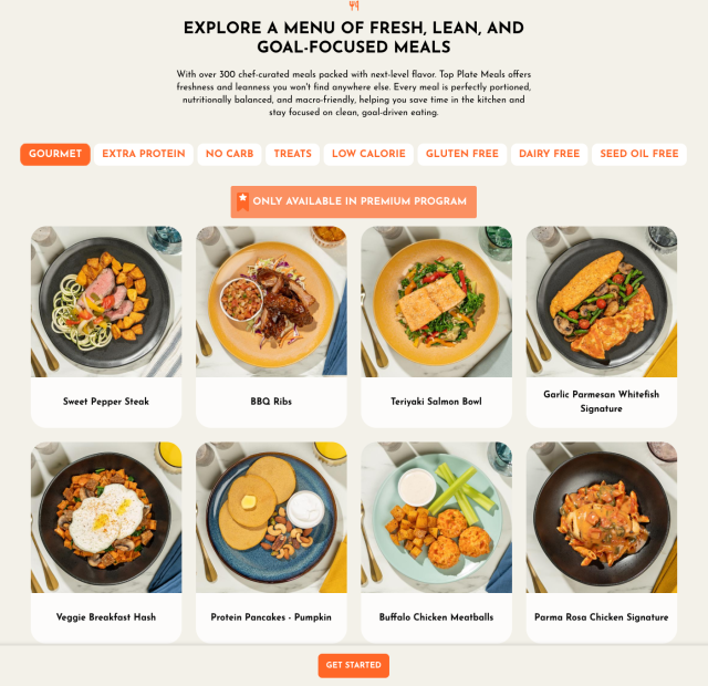 Screenshot of the client's website using the updated food photography in meal cards and menu categories