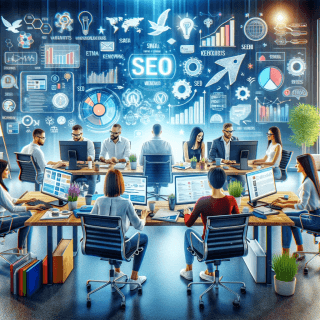 Diverse team in a modern office brainstorming SEO strategies, with computers showing SEO graphs, books on SEO, and a whiteboard with analytics and keywords, illustrating a collaborative approach to enhancing small business SEO.